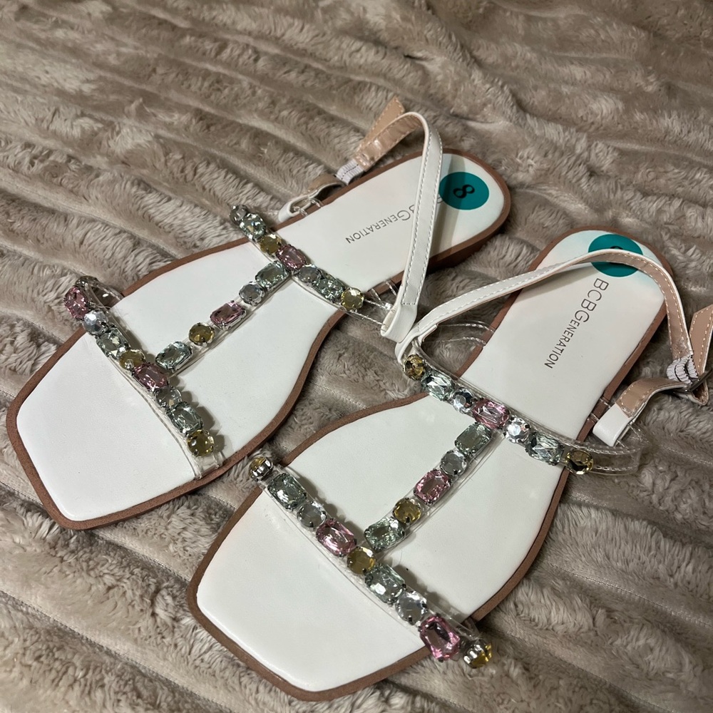 BCBGeneration White Sandals with Multicolor Gem Accents